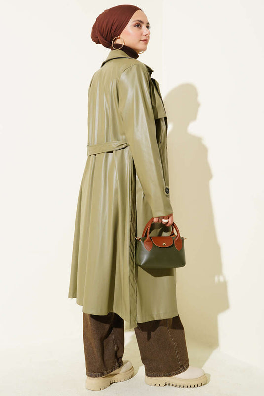 Single-Button Belted Leather Trench Coat in Almond Green