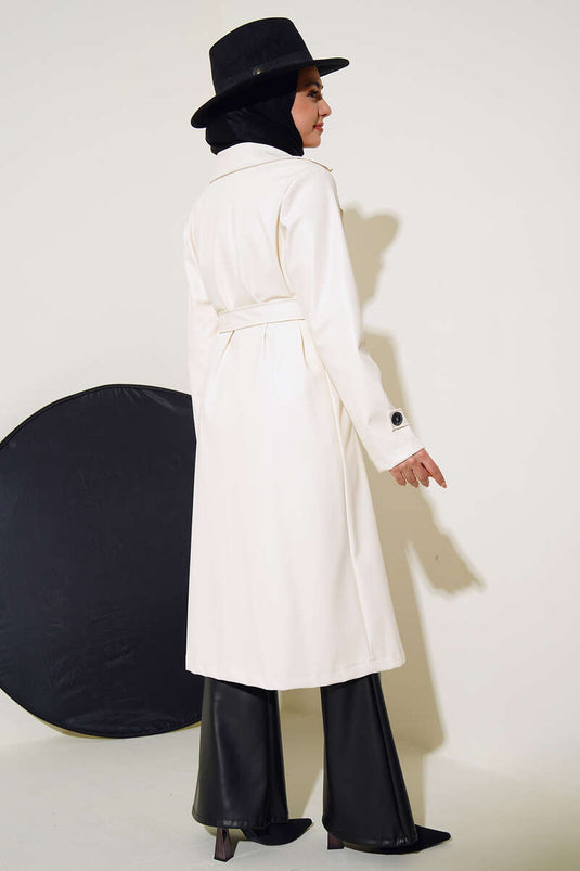 Leren trenchcoat met enkele knoop en riem, ecru