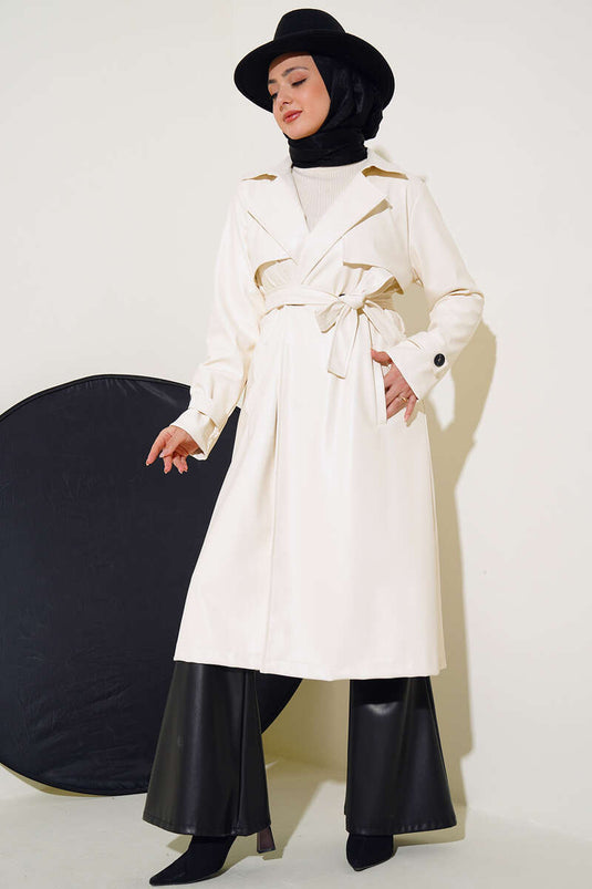 Leren trenchcoat met enkele knoop en riem, ecru