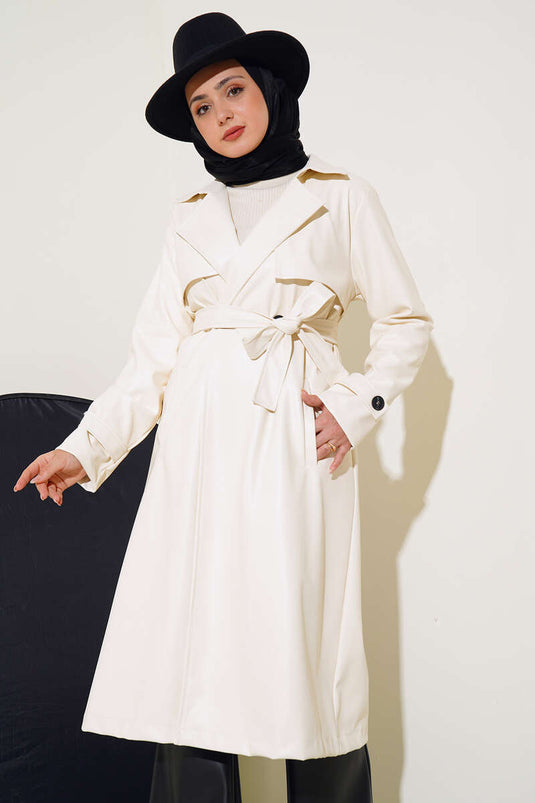 Leren trenchcoat met enkele knoop en riem, ecru