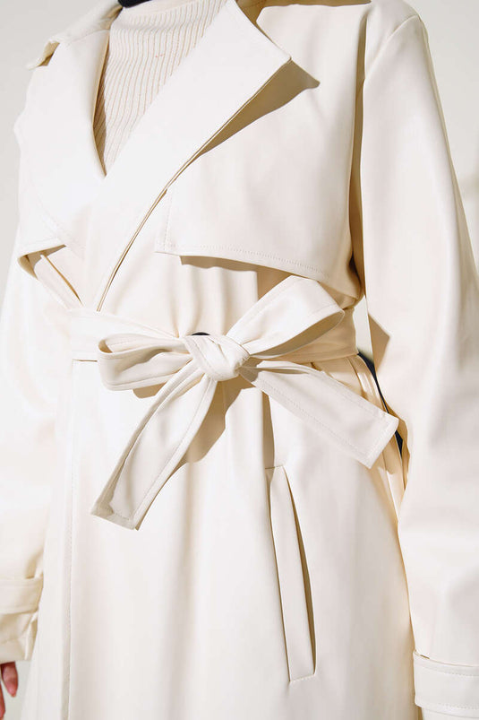 Leren trenchcoat met enkele knoop en riem, ecru