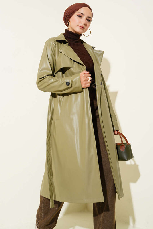 Single Button Belted Leather Trench Coat Khaki