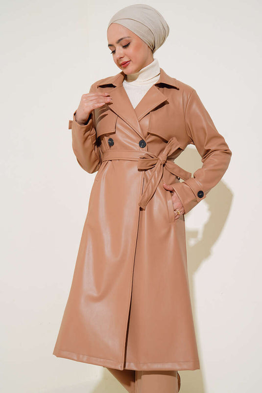 Leren trenchcoat met één knoop en riem, Latte