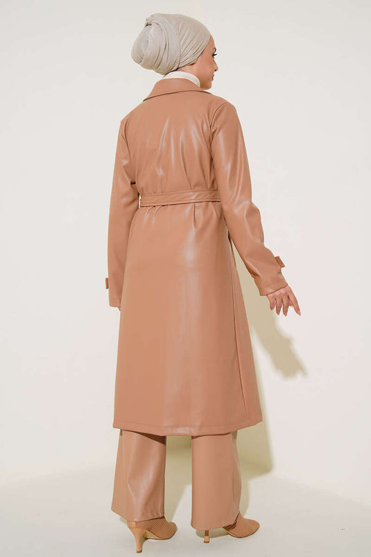 Leren trenchcoat met één knoop en riem, Latte