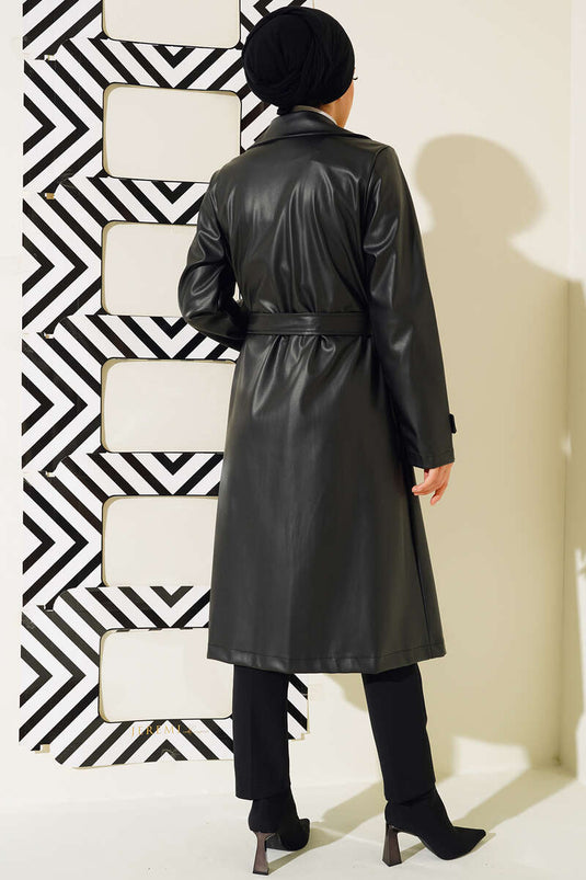 Trench-coat en cuir noir avec ceinture à un bouton