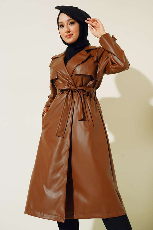 Trench-coat en cuir à ceinture et bouton unique, couleur beige