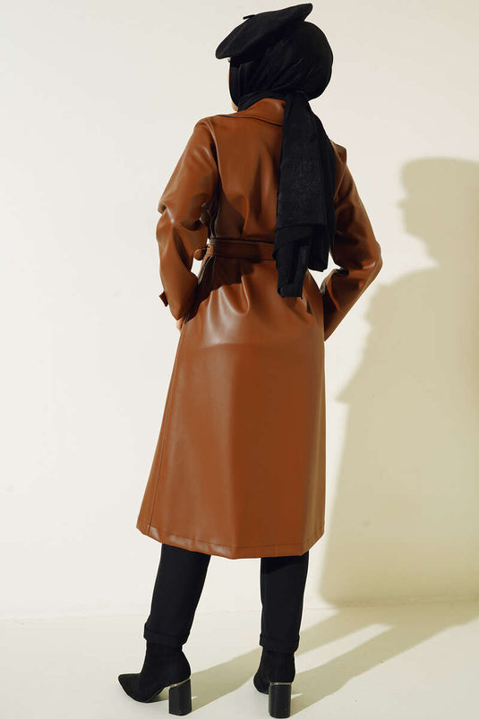 Trench-coat en cuir à ceinture et bouton unique, couleur beige