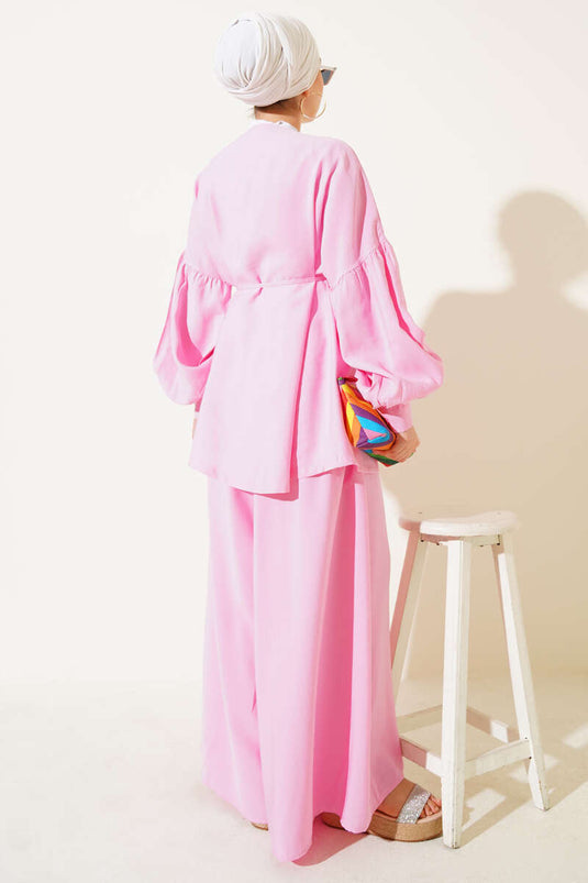 Tek Düğmeli Kuşaklı Oversize İkili Takım Pembe