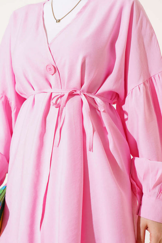 Tek Düğmeli Kuşaklı Oversize İkili Takım Pembe