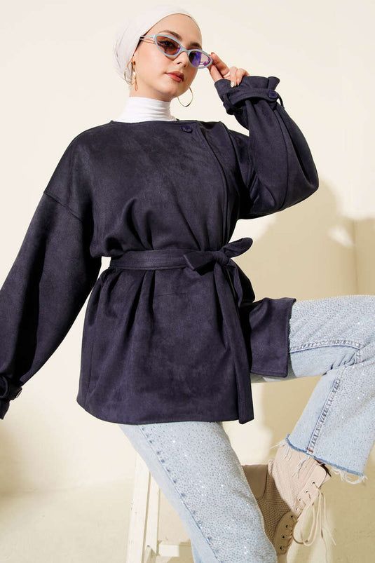 جاكيت من جلد الغزال بحزام بزر واحد أزرق داكن