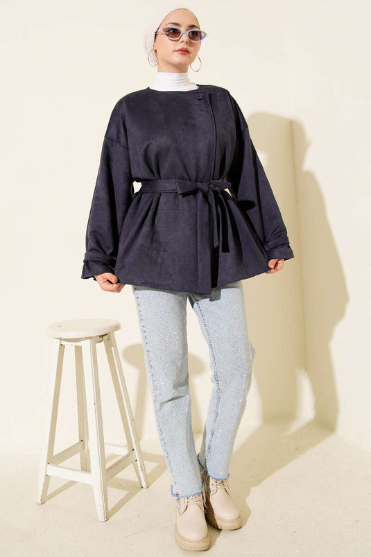 جاكيت من جلد الغزال بحزام بزر واحد أزرق داكن