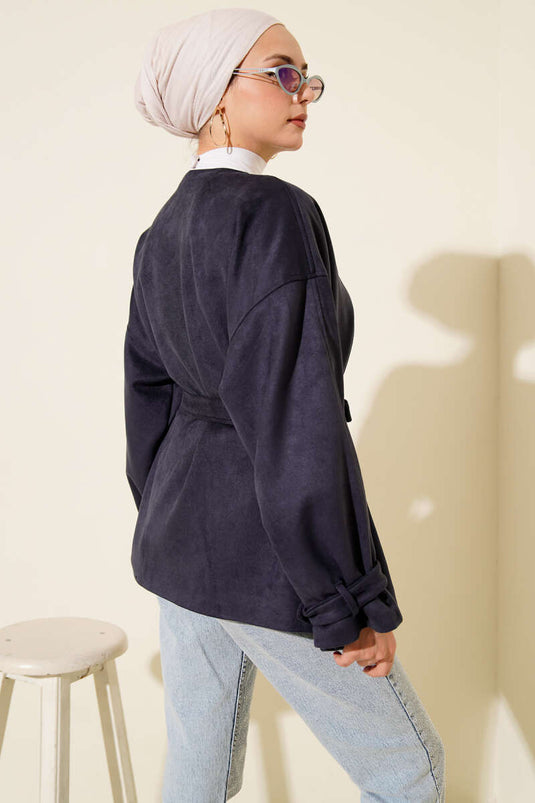 جاكيت من جلد الغزال بحزام بزر واحد أزرق داكن