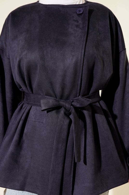 جاكيت من جلد الغزال بحزام بزر واحد أزرق داكن