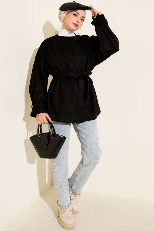 جاكيت من جلد الغزال بحزام بزر واحد أسود