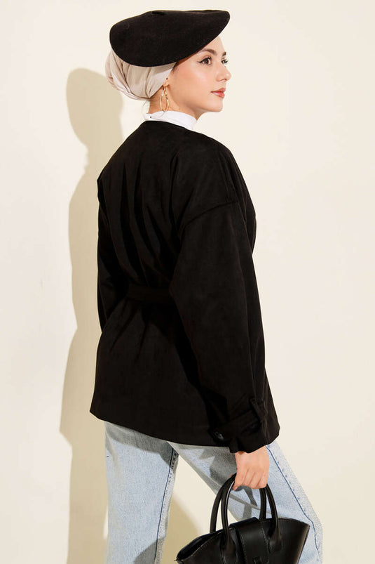 جاكيت من جلد الغزال بحزام بزر واحد أسود