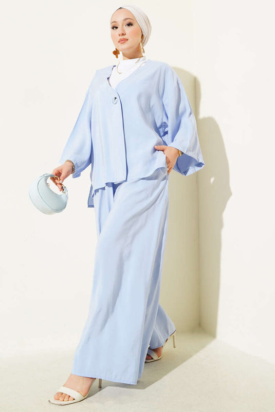 Enkelknoops casual tweedelig pak blauw