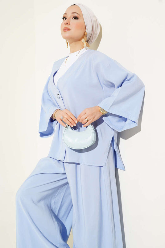 Enkelknoops casual tweedelig pak blauw