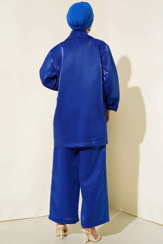 Tek Düğmeli Saten Takım Saks