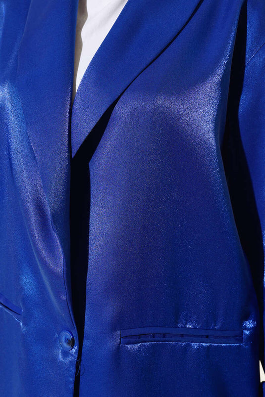 Tek Düğmeli Saten Takım Saks