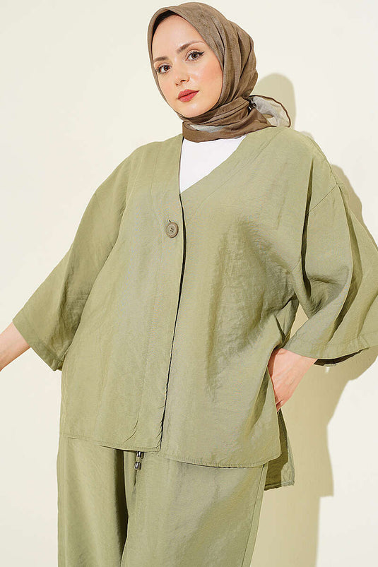 Tek Düğmeli Tensel Kimono İkili Takım Çağla Yeşili
