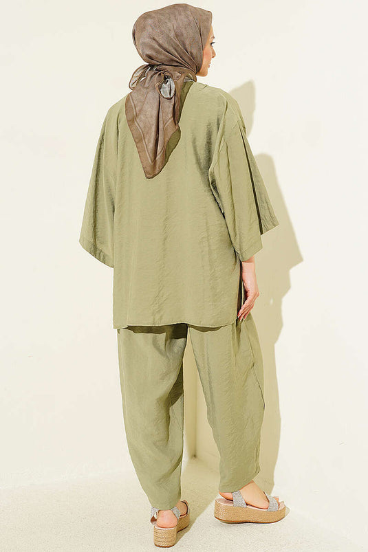 Tek Düğmeli Tensel Kimono İkili Takım Çağla Yeşili