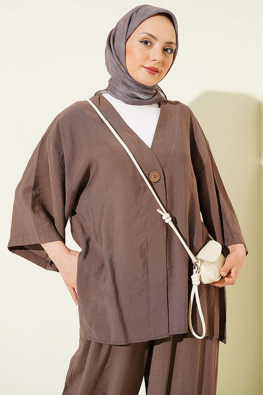 Tek Düğmeli Tensel Kimono İkili Takım Kahve