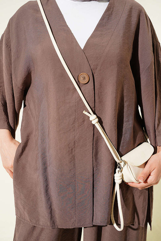 Tek Düğmeli Tensel Kimono İkili Takım Kahve