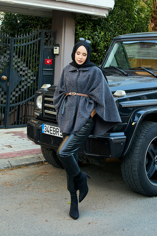 Single Button and Belted Poncho Anthracite