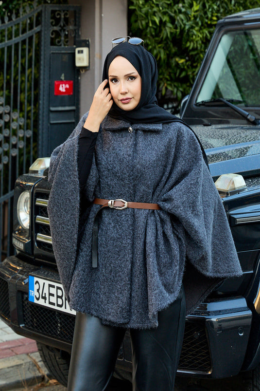 Single Button and Belted Poncho Anthracite