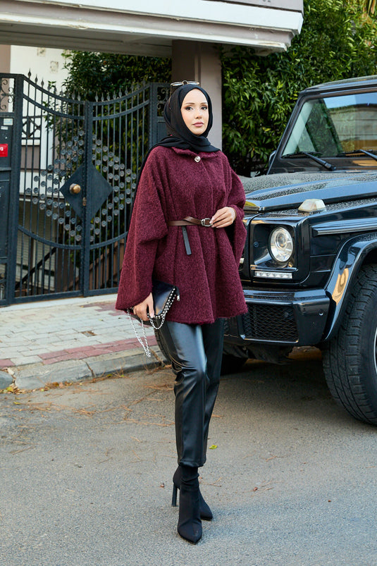 Single Button and Belted Poncho, Claret Red