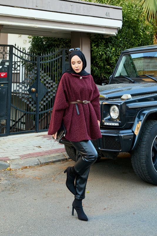 Single Button and Belted Poncho, Claret Red
