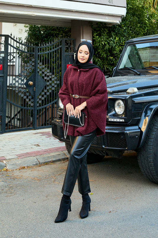 Single Button and Belted Poncho, Claret Red