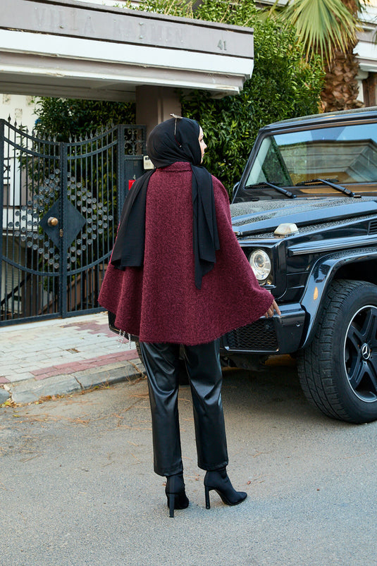 Single Button and Belted Poncho, Claret Red