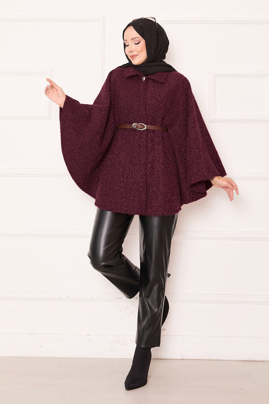 Single Button and Belted Poncho, Claret Red