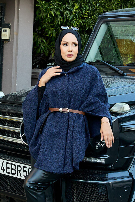 Single Button and Belted Poncho Navy Blue
