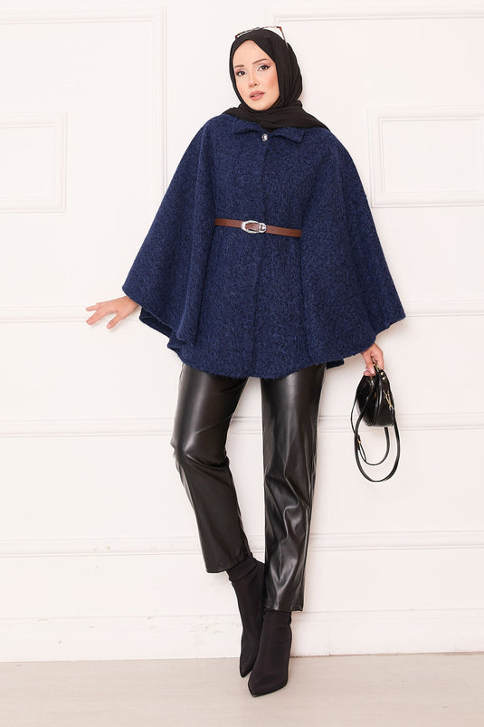 Single Button and Belted Poncho Navy Blue