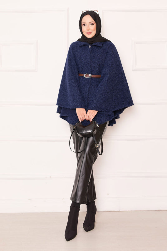 Single Button and Belted Poncho Navy Blue