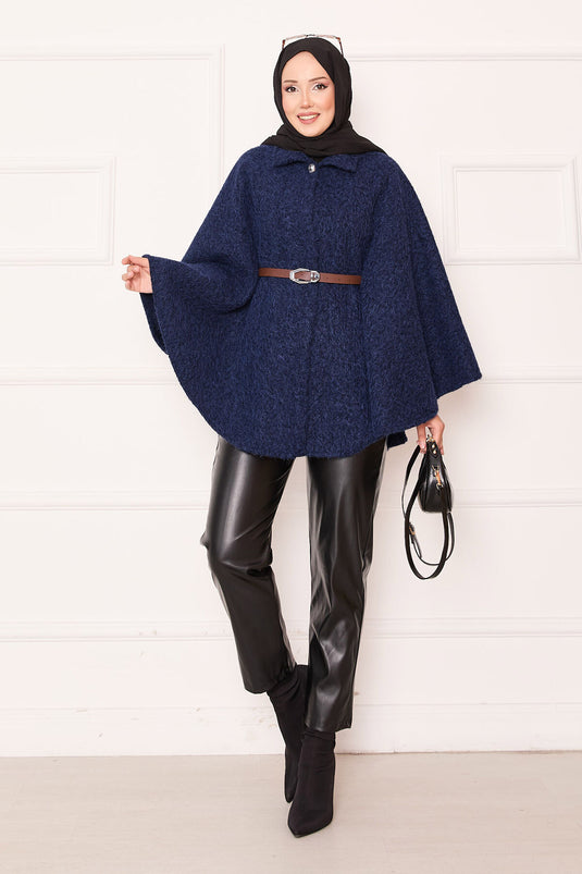 Single Button and Belted Poncho Navy Blue