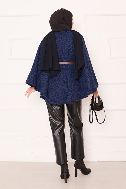 Single Button and Belted Poncho Navy Blue