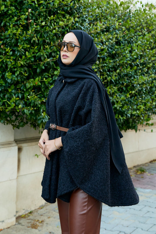 Single Button and Belted Poncho Black