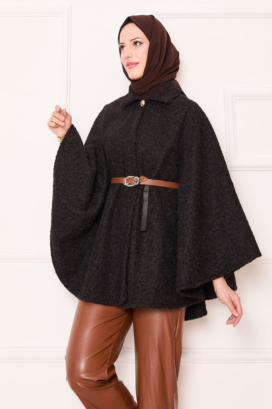 Tek Düğmeli Ve Kemerli Panço Siyah