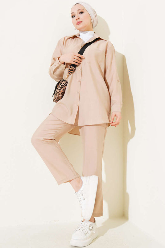 Tek Göğüs Cepli Gömlek İkili Takım Bej