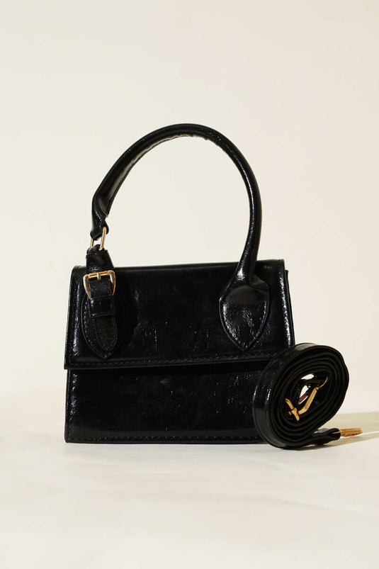 Single Belt Detail Patent Leather Bag Black