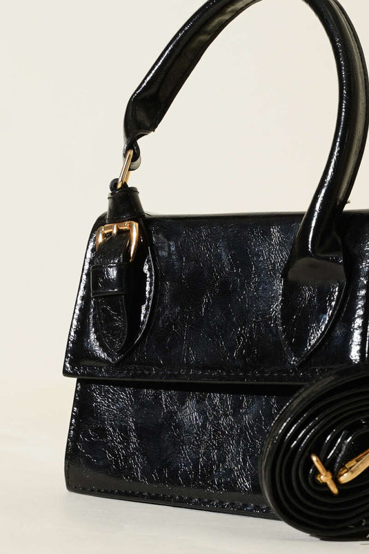 Single Belt Detail Patent Leather Bag Black