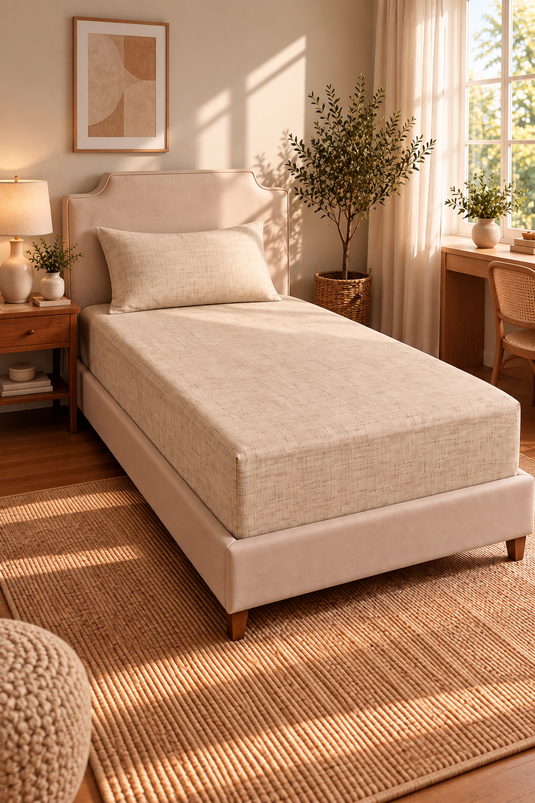 Ensemble De Draps Ajustés Beige Pour Lit Simple