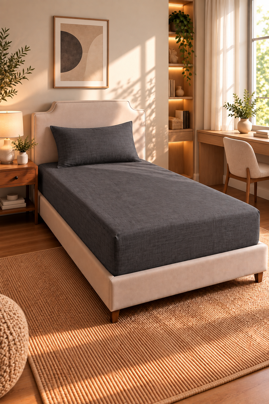 Ensemble De Draps Housse Extensible Pour Lit Simple Gris Fumé