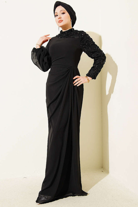 One-Shoulder Sequin Detail Evening Dress Black