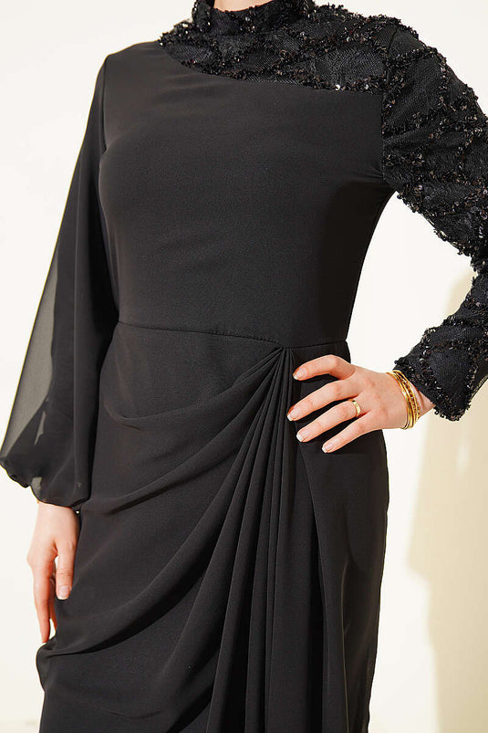 One-Shoulder Sequin Detail Evening Dress Black