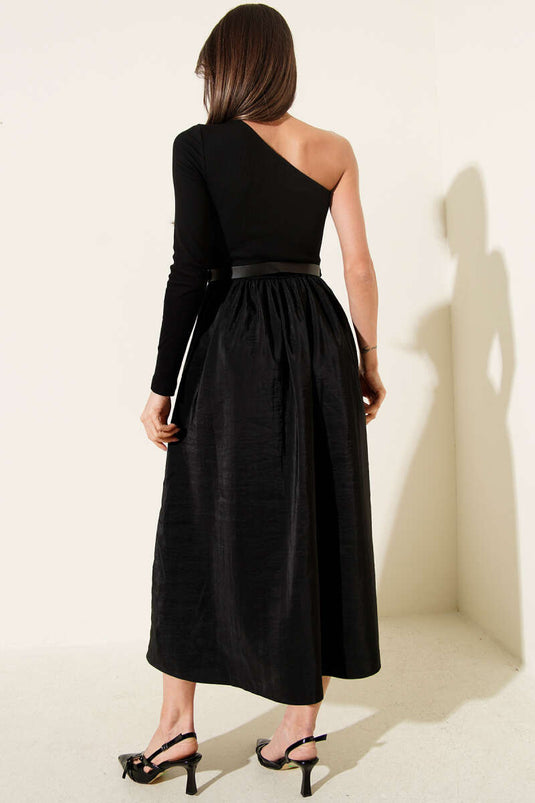 Tek Kollu Kemerli Paraşüt Midi Elbise Siyah