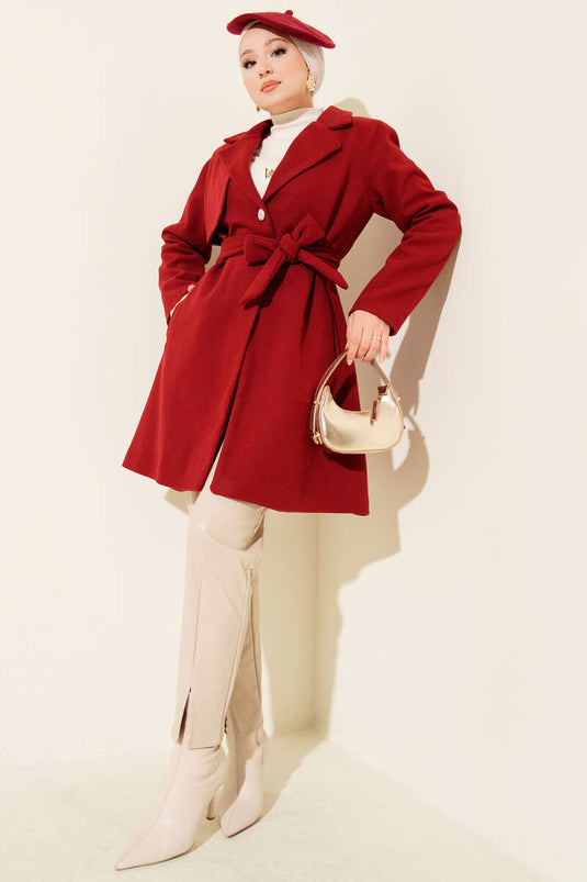 Burgundy One-Shoulder Epaulette Button-Detailed Kaşe Coat